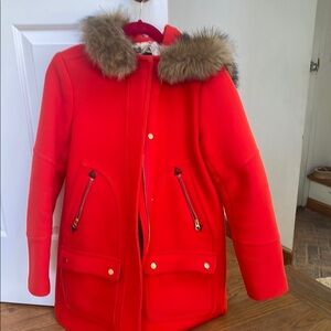 J. Crew Red Pea Coat with Fur Trim and Hood